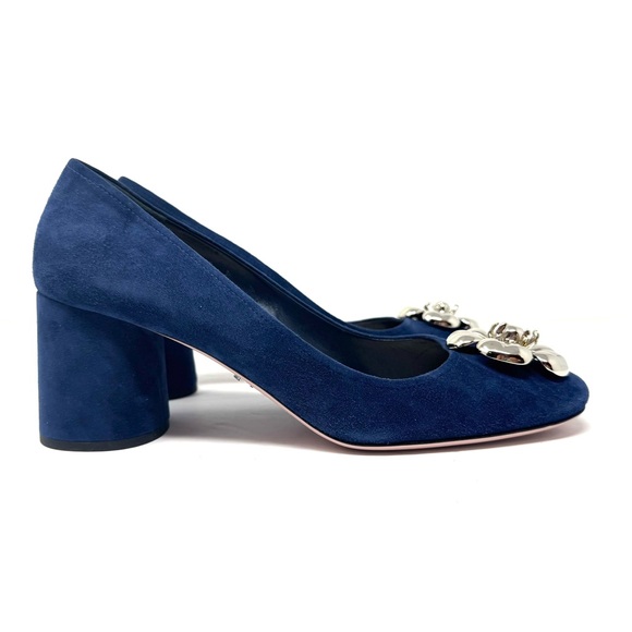 PRADA blue suede block heels, silver tone floral accents, made in Italy, size 39 - Picture 6 of 13